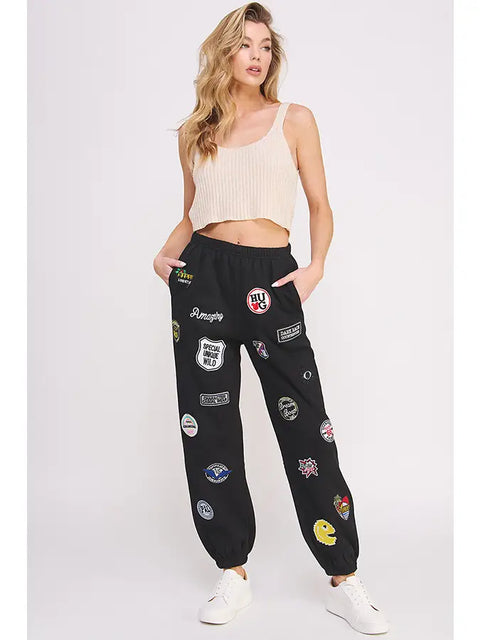 Hight Waist Multi Patches Jogger Pants Black