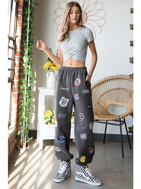 Hight Waist Multi Patches Jogger Pants CHARCOAL