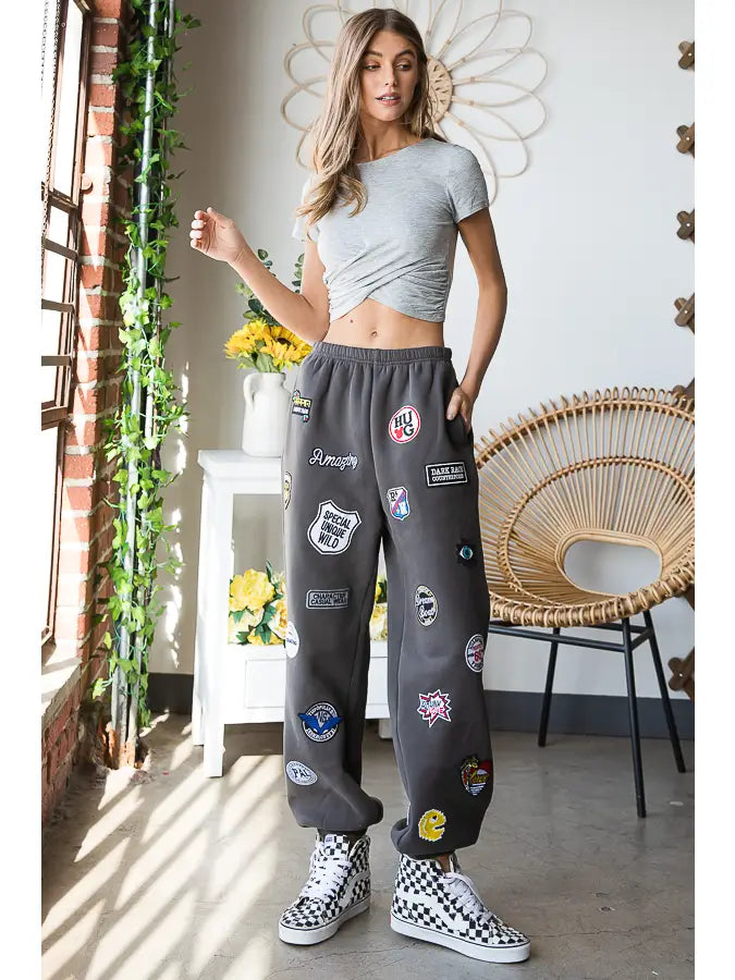 Hight Waist Multi Patches Jogger Pants CHARCOAL
