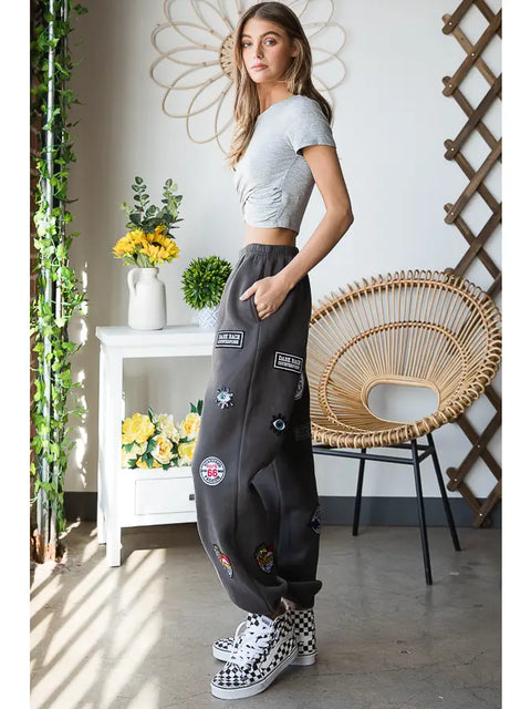 Hight Waist Multi Patches Jogger Pants CHARCOAL