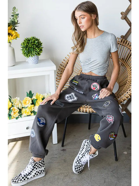 Hight Waist Multi Patches Jogger Pants CHARCOAL