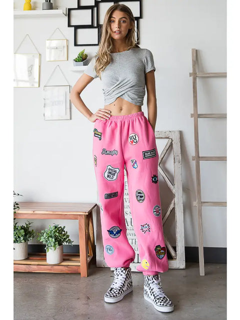 Hight Waist Multi Patches Jogger Pants PINK