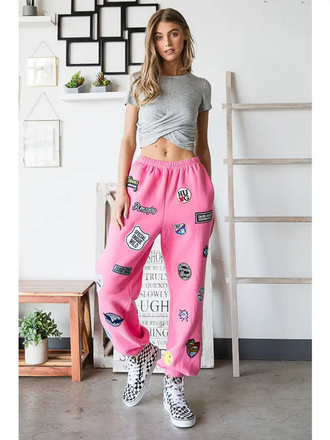 Hight Waist Multi Patches Jogger Pants PINK