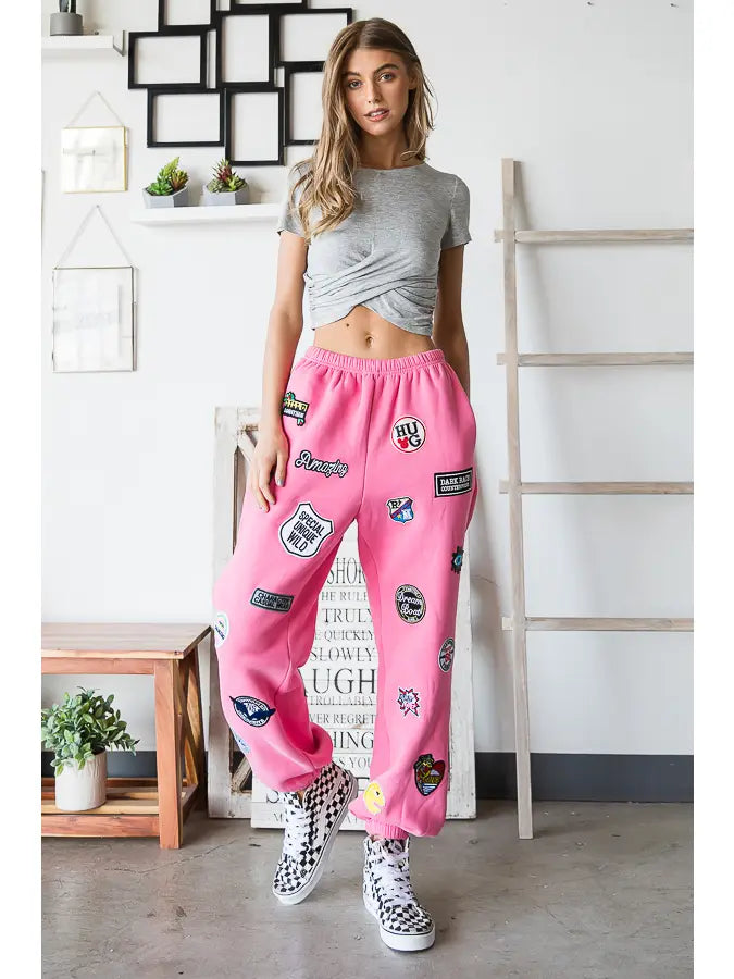 Hight Waist Multi Patches Jogger Pants PINK