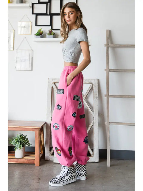 Hight Waist Multi Patches Jogger Pants PINK