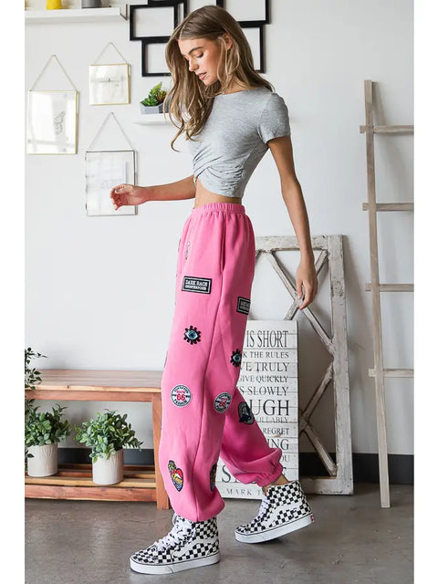 Hight Waist Multi Patches Jogger Pants PINK