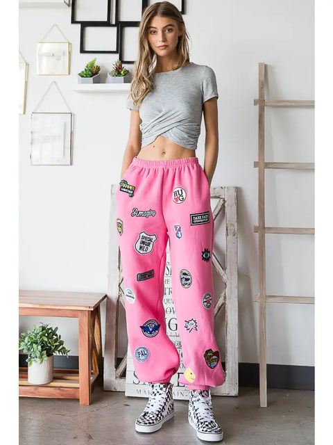 Hight Waist Multi Patches Jogger Pants PINK