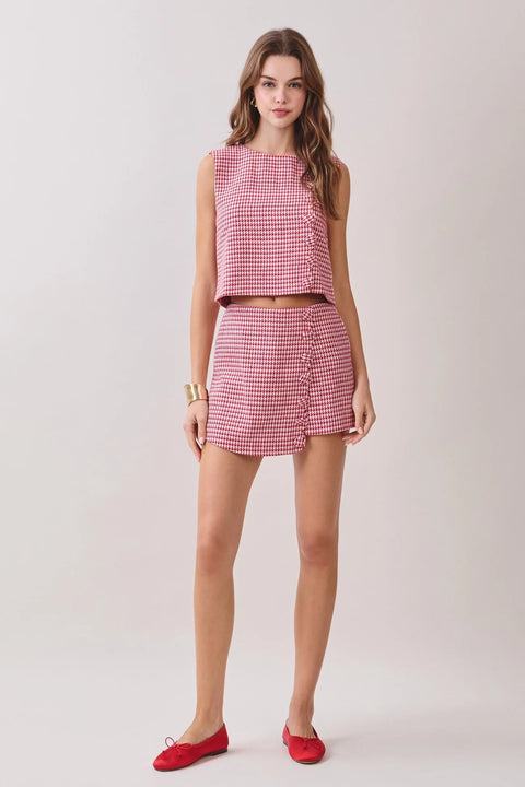 Houndstooth Pattern Covered Button Trim Top