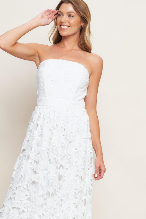CAREFREE NIGHTS LACE OFF WHITE MIDI DRESS