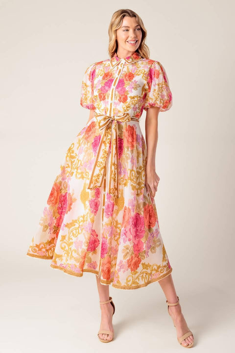 GARDEN TAPESTRY IVORY FLORAL WOVEN MIDI DRESS