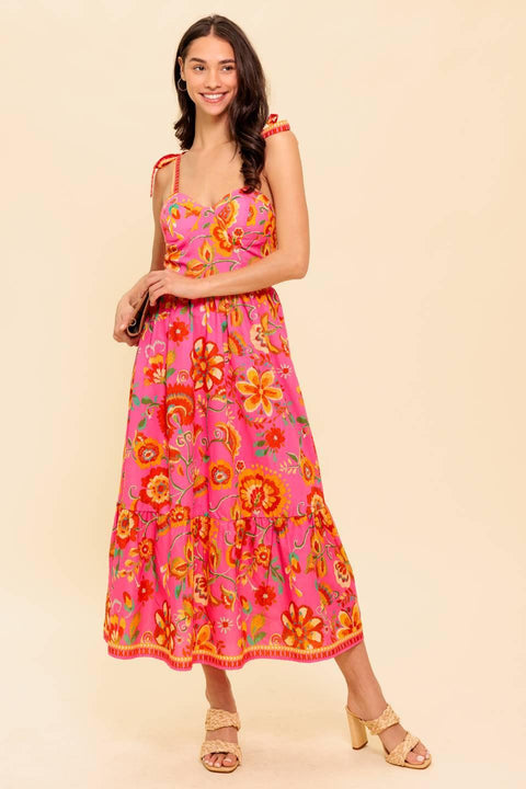 GARDEN GATHERING PINK WOVEN MIDI DRESS