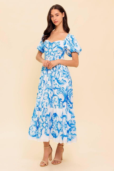 A WORK OF ART BLUE WOVEN MIDI DRESS