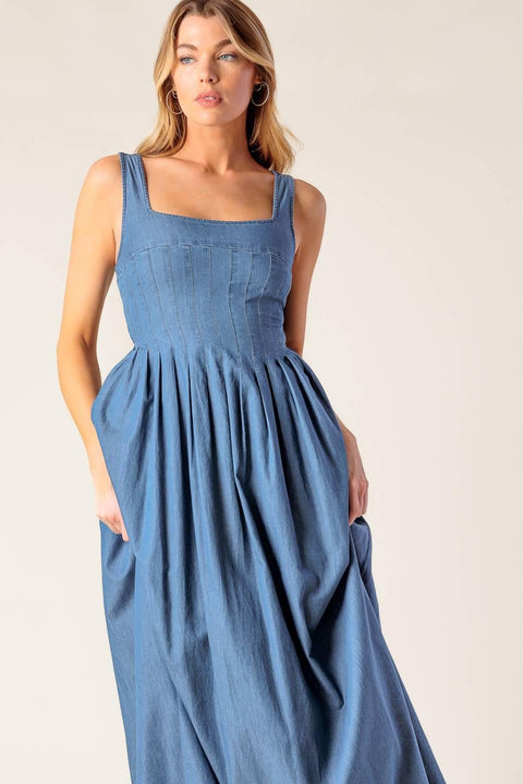 PASSIFLORA INDIGO DENIM MIDI DRESS