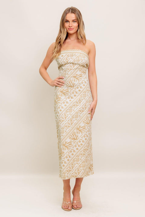 BOHO TROPIC DRAPE WOVEN MIDI DRESS