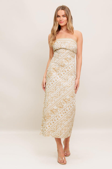 BOHO TROPIC DRAPE WOVEN MIDI DRESS