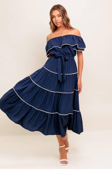 BUTTERCREAM DREAM NAVY WOVEN MIDI DRESS