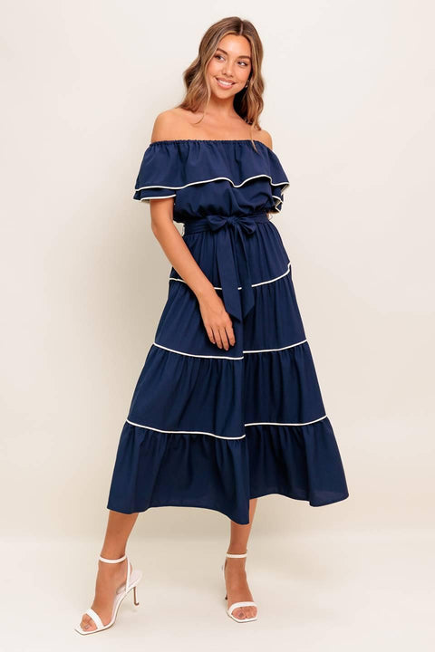 BUTTERCREAM DREAM NAVY WOVEN MIDI DRESS