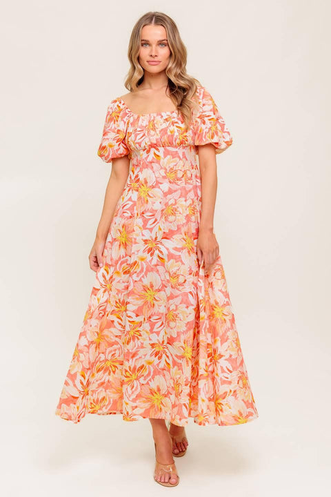 OCEAN FLORALS CORAL WOVEN MIDI DRESS
