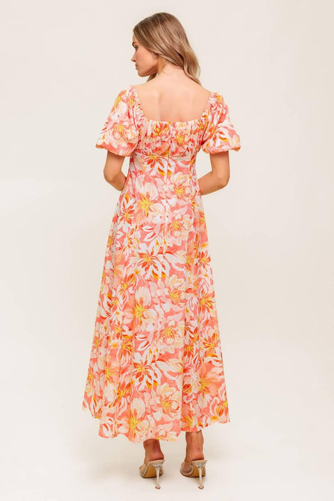 OCEAN FLORALS CORAL WOVEN MIDI DRESS