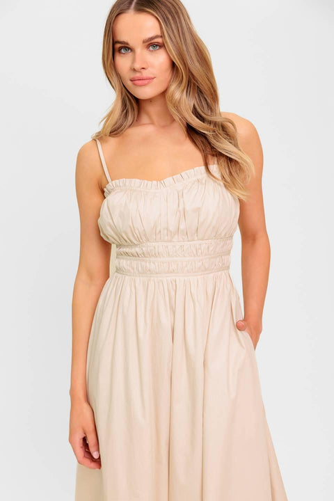 HONEY SUNSET CREAM WOVEN MIDI DRESS