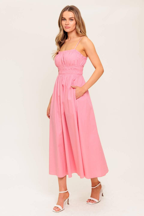 HONEY SUNSET PINK WOVEN MIDI DRESS