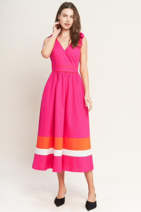 FOREST CHARM FUCHSIA ORANGE WOVEN MIDI DRESS
