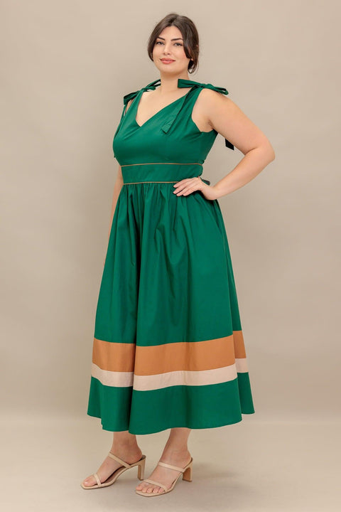 FOREST CHARM WOVEN COLOR BLOCKED MIDI DRESS