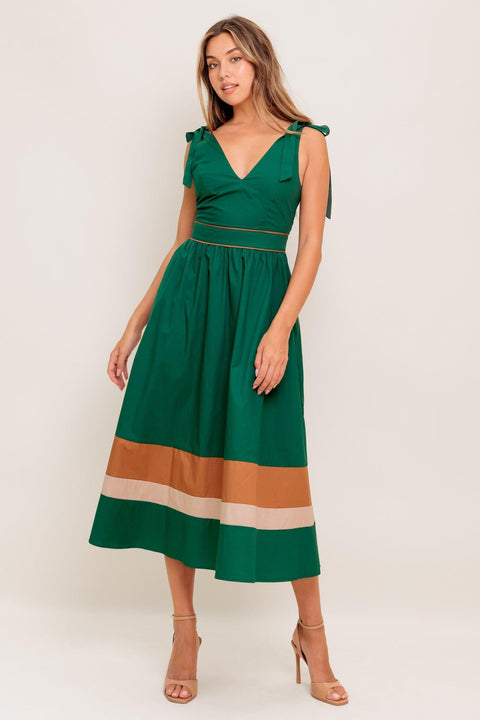 FOREST CHARM WOVEN COLOR BLOCKED MIDI DRESS