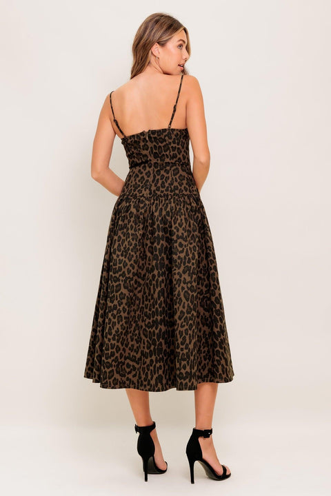 WALK SOFT, STRIKE STRONG LEOPARD WOVEN MIDI DRESS
