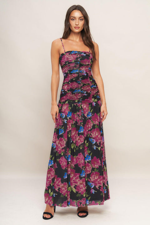 NIGHT FLORIST POWER MESH MAXI DRESS
