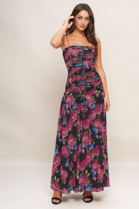 NIGHT FLORIST POWER MESH MAXI DRESS