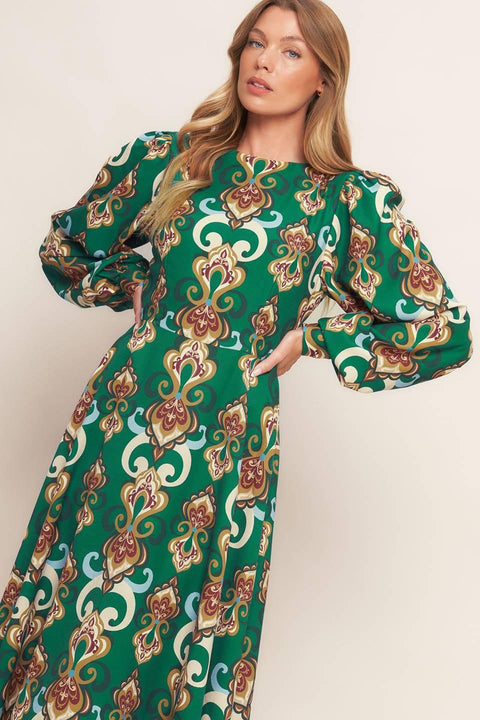 MODERN RETRO BLOOM WOVEN MIDI DRESS