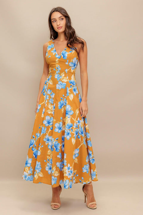 SKYBLOSSOM RUSH WOVEN MIDI DRESS