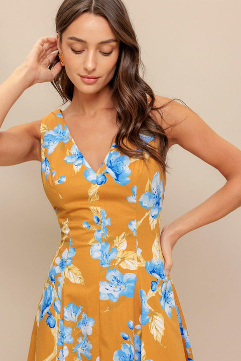 SKYBLOSSOM RUSH WOVEN MIDI DRESS