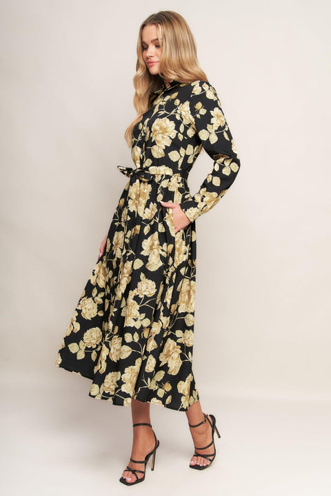 MIDNIGHT BLOOM BLACK WOVEN MIDI DRESS
