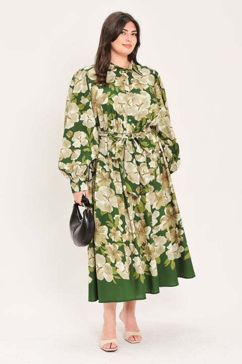 EVERGREEN CAMELLIA DREAM WOVEN MIDI SHIRT DRESS