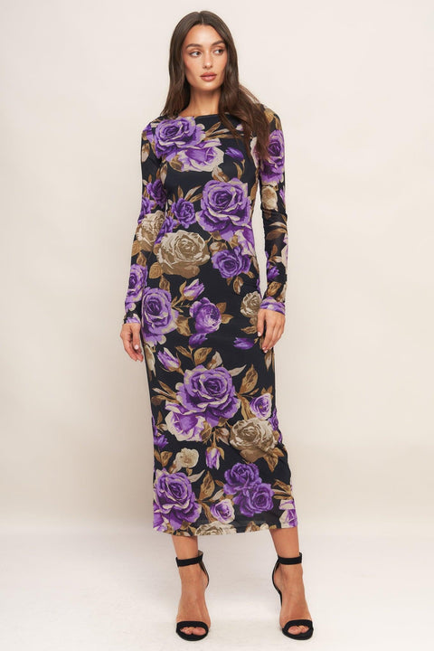 VIOLET EMBRACE POWER MESH MIDI DRESS