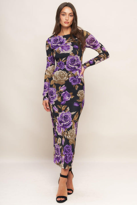 VIOLET EMBRACE POWER MESH MIDI DRESS