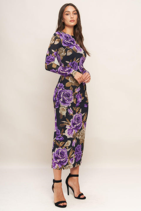 VIOLET EMBRACE POWER MESH MIDI DRESS