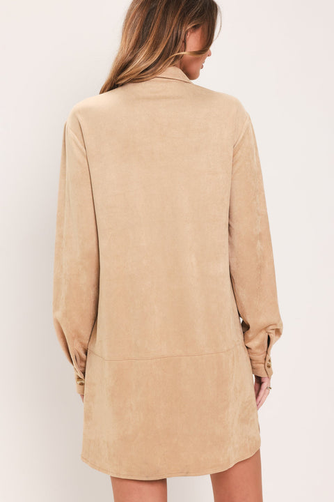 SAND SAFARI SAND FAUX SUEDE BELTED SHIRT MINI DRESS