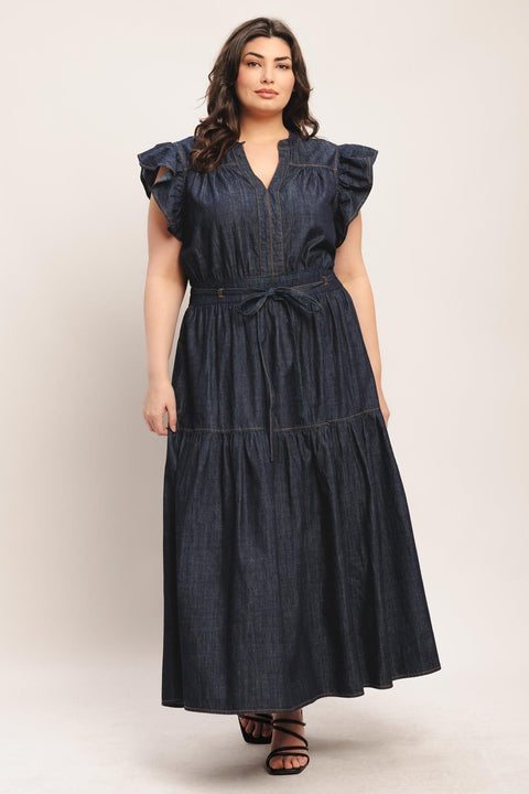POWER DENIM GODDESS DARK INDIGO MIDI DRESS