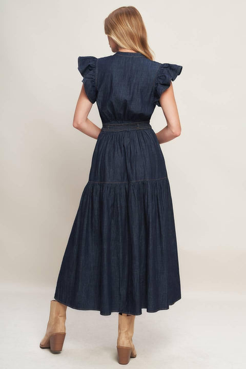 POWER DENIM GODDESS DARK INDIGO MIDI DRESS