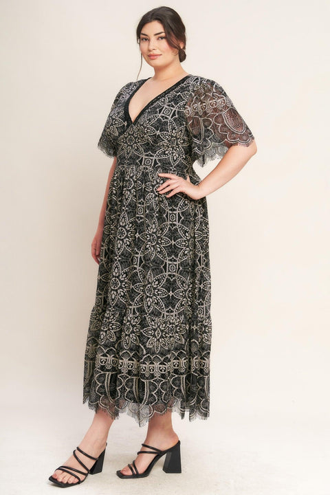 GOTHIC BLOOM WOVEN LACE MIDI DRESS