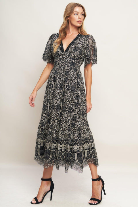 GOTHIC BLOOM WOVEN LACE MIDI DRESS