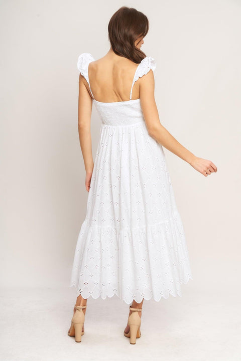 SWEET ESCAPE WOVEN EYELET MIDI DRESS