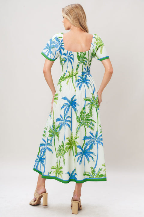 PALM ESCAPADE WOVEN MIDI DRESS