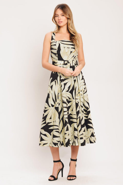 MONO LEAF STATEMENT WOVEN MIDI DRESS