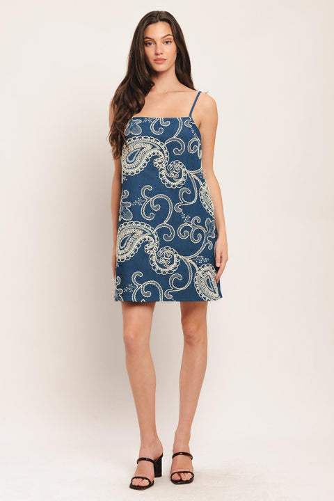 SEA BREEZE PAISLEY DENIM MINI DRESS