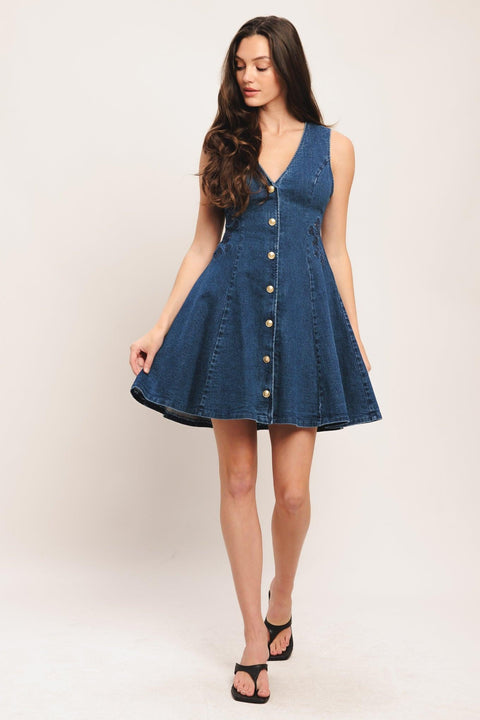 INDIGO FLARE DENIM MINI DRESS