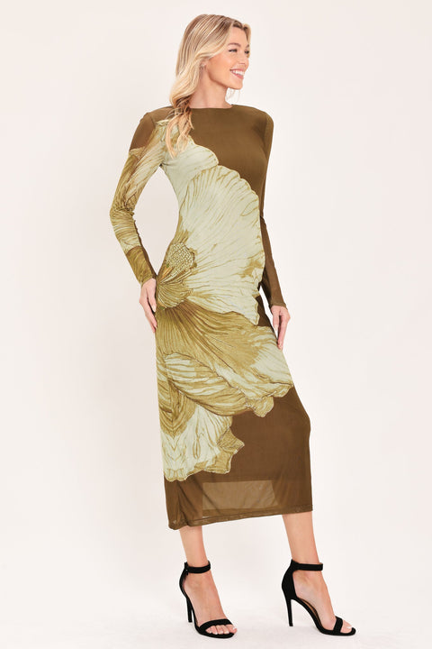 BROWN BLOSSOM CONTOUR POWER MESH MIDI DRESS